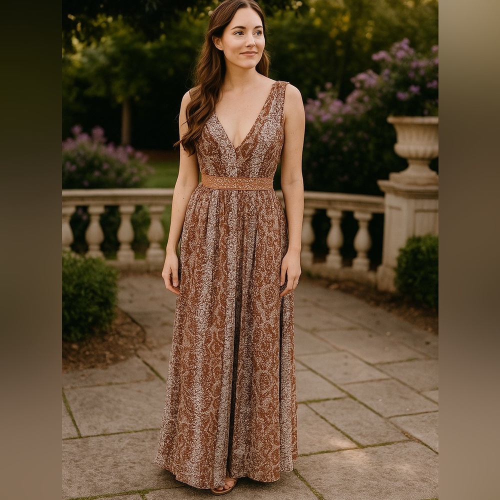 Boston Proper Beige Exotic Print Semi Formal Maxi Dress Size 6